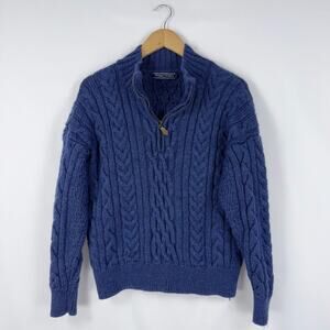Woolovers Sweater L Blue Chunky Fisherman Cable Heavyweight 100% British Wool